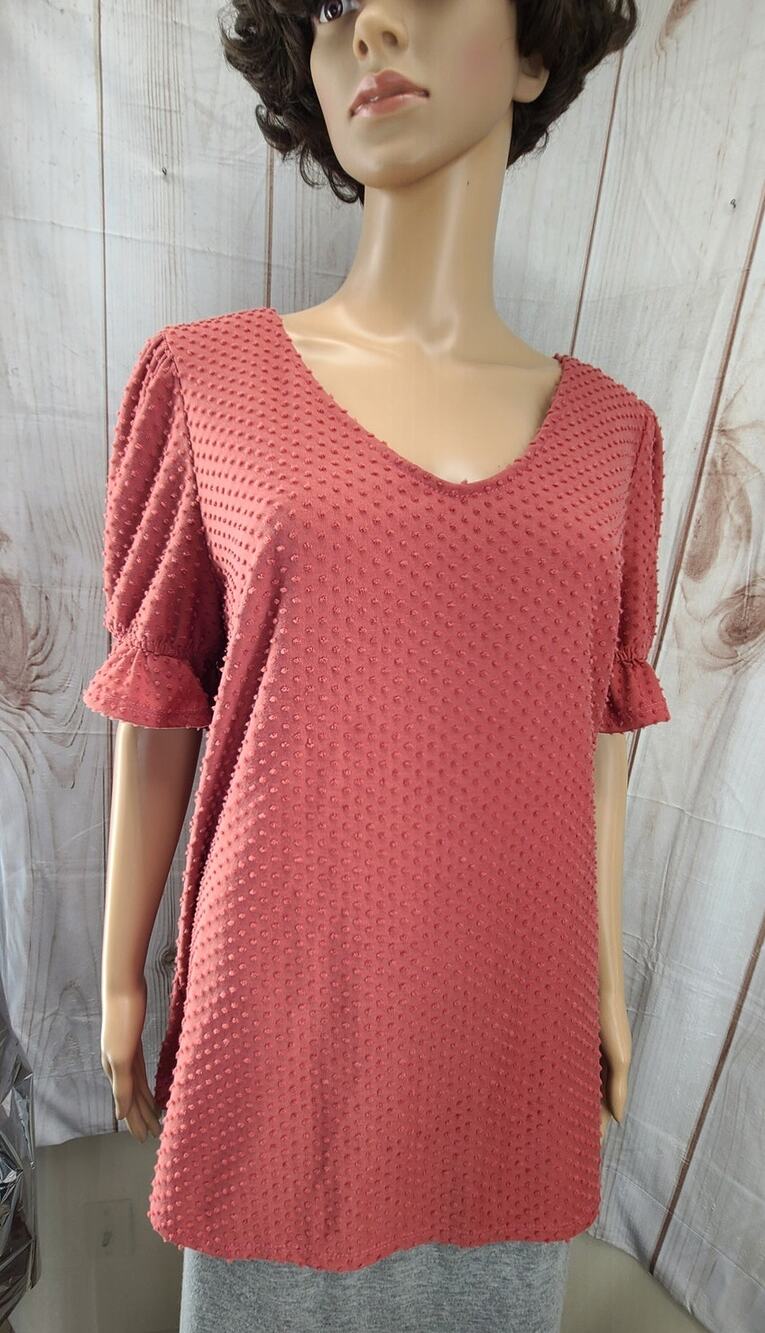Reborn J Women L Top Coral Pink Swiss Dot Ruffled Short Puff Sleeves V-Neck